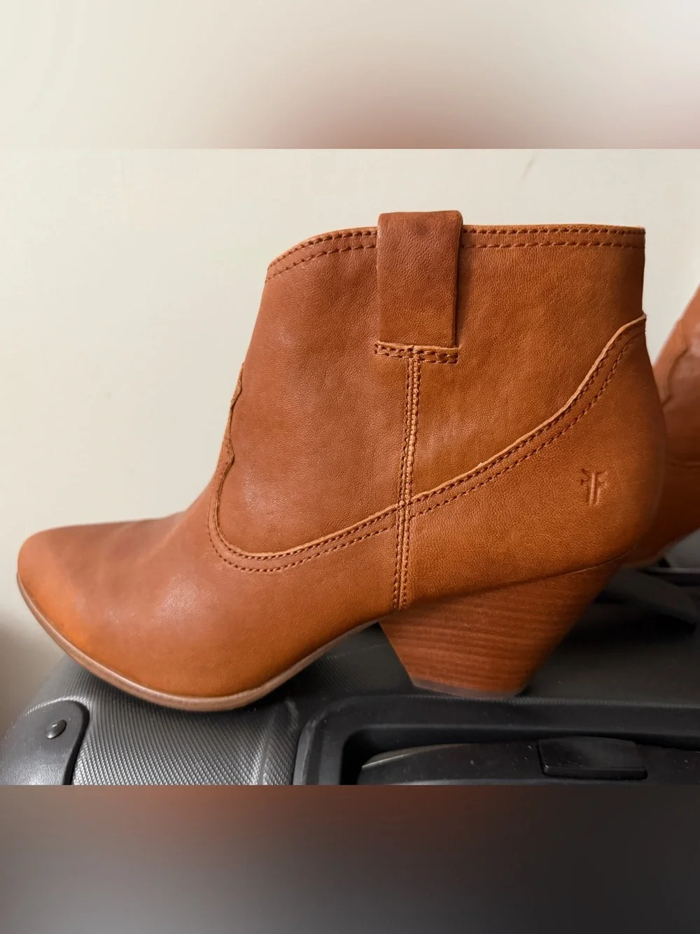 Frye Cognac Leather Ankle Booties with Stacked Heel